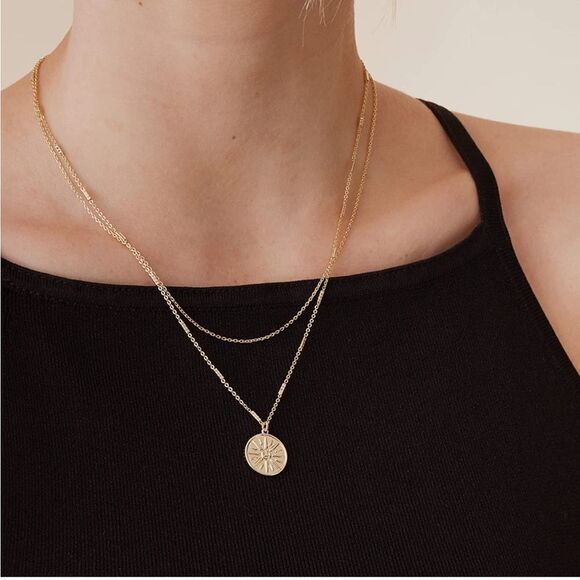 Gold 14k Gold Plated Minimalist Layered Engraved Disc Pendant Necklace - Picture 1 of 3